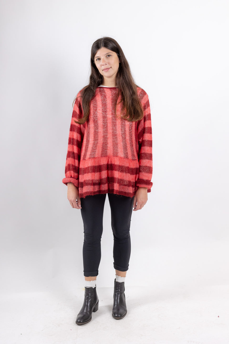 Punky - crew neck with ruffles - striped bordò and peach