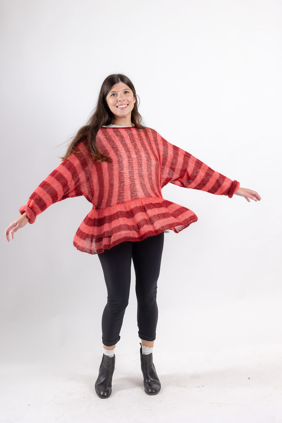 Punky - crew neck with ruffles - striped bordò and peach