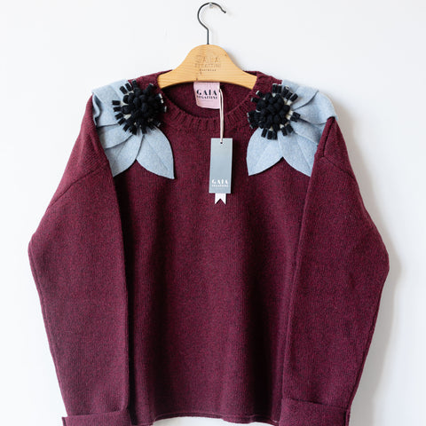 bloom sweater - wine with sky and b/w flowers 