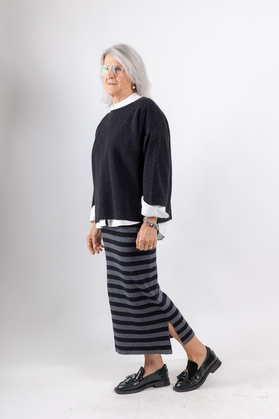 Gaia - black and grey striped pencil skirt