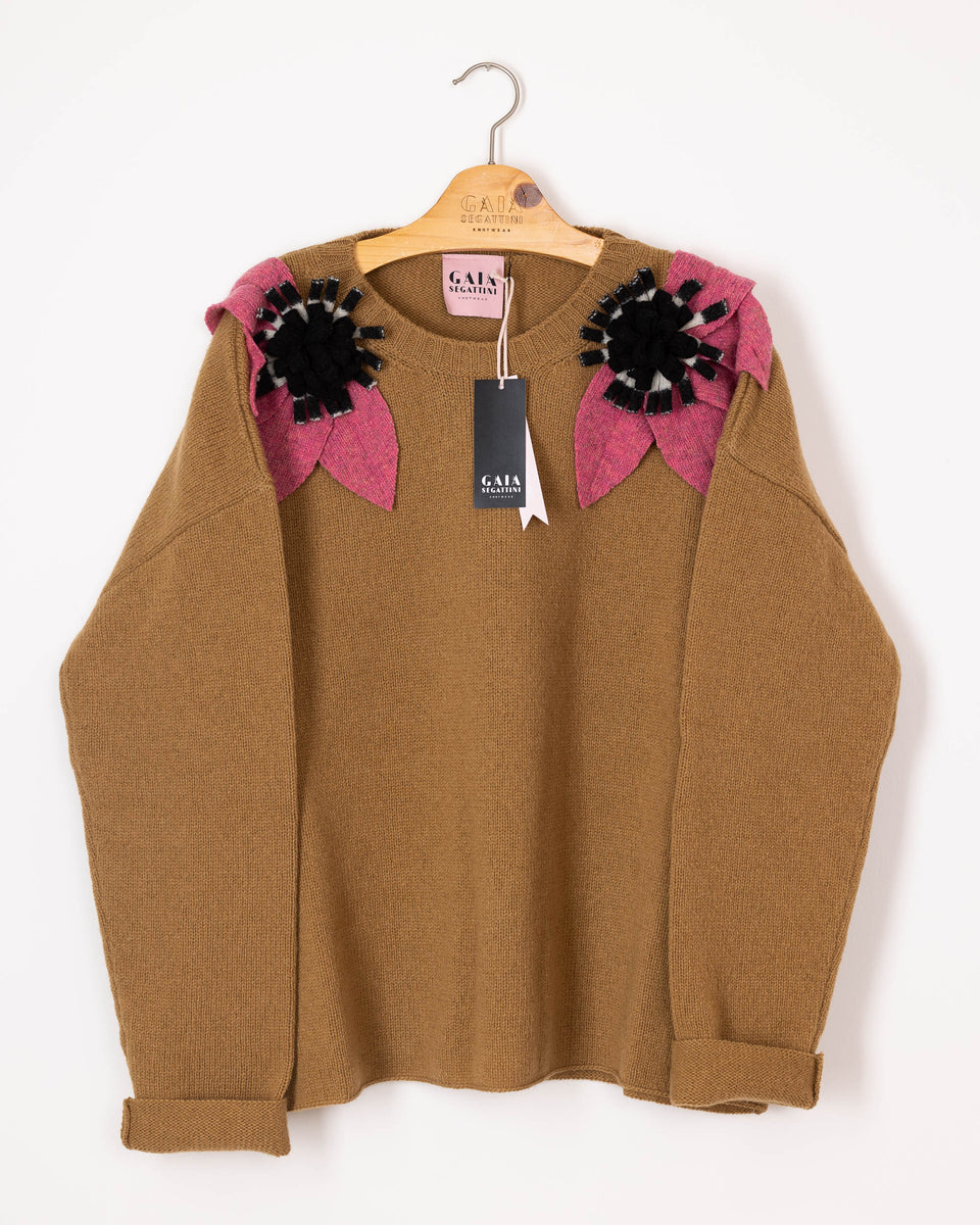bloom sweater - camel with raspberry and b/w flower 