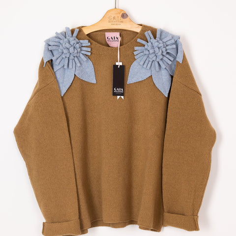 bloom sweater - camel with sky flowers 