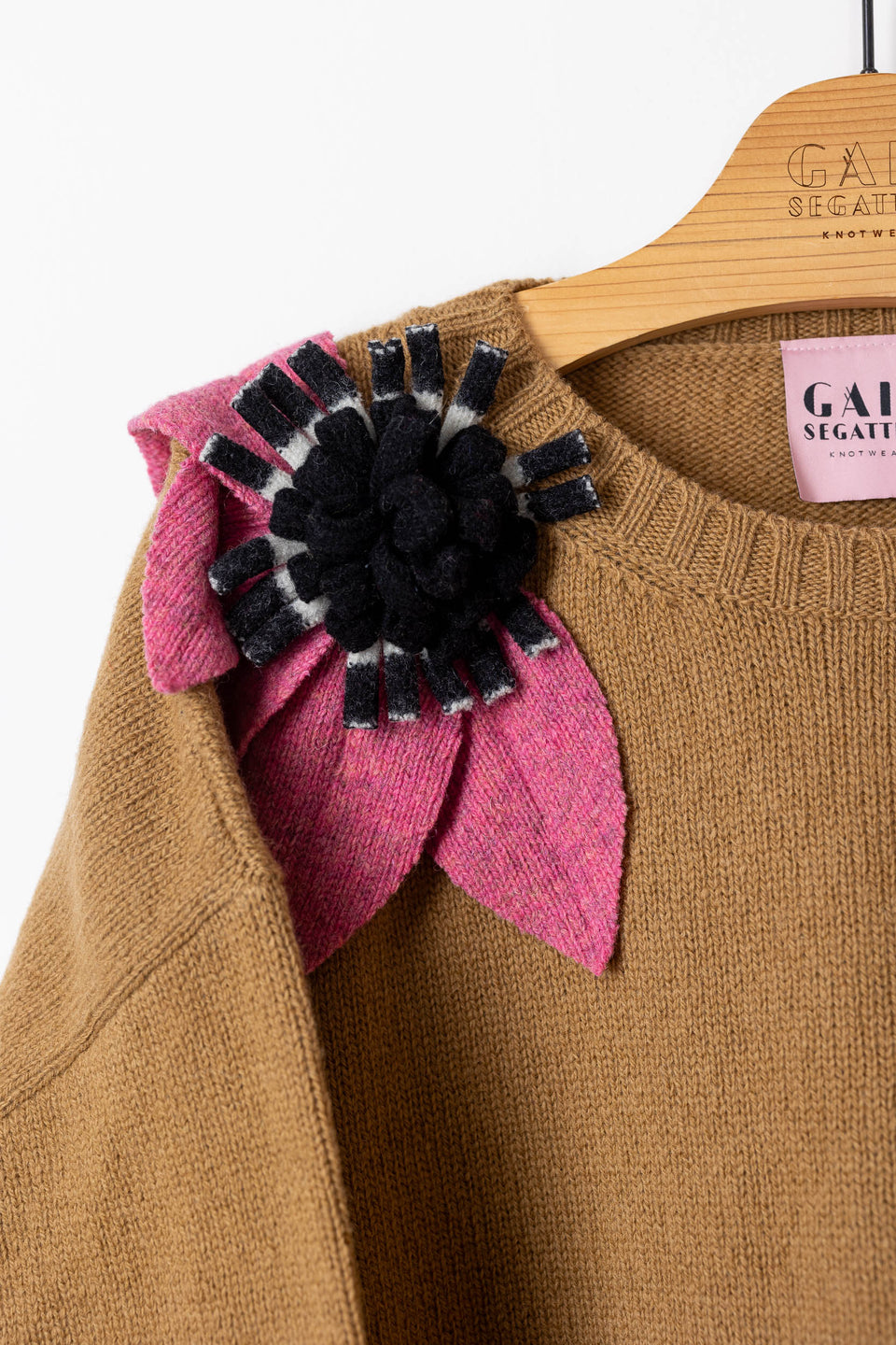 bloom sweater - camel with raspberry and b/w flower 