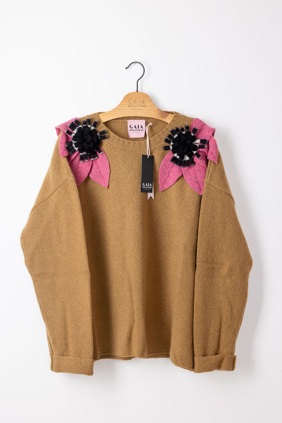 bloom sweater - camel with raspberry and b/w flower 