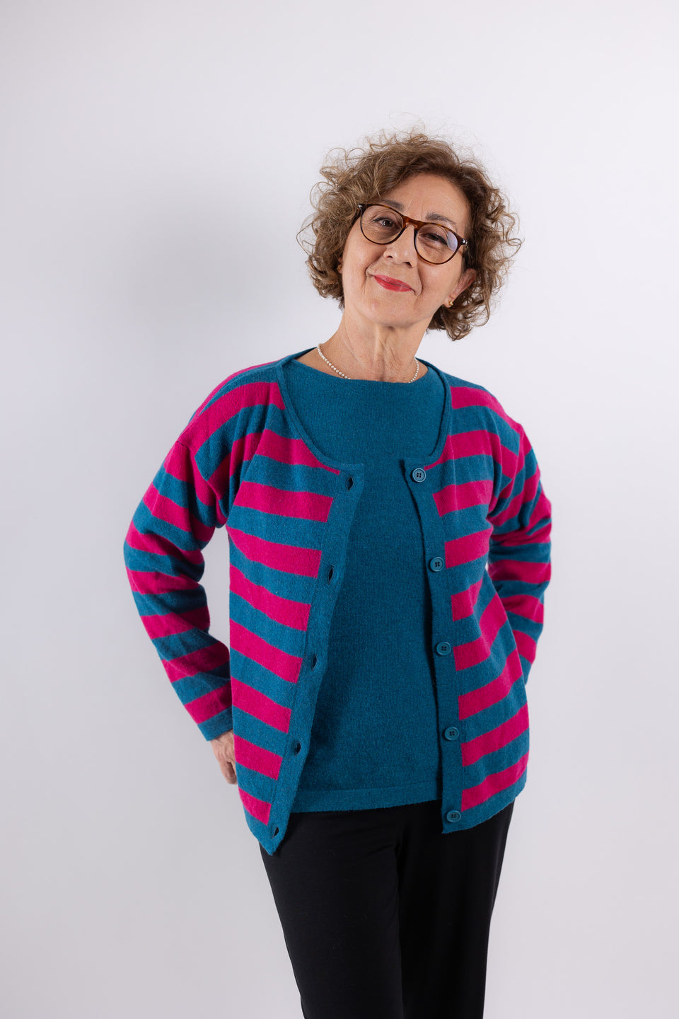 daily cardigan - teal with fuxia stripes 