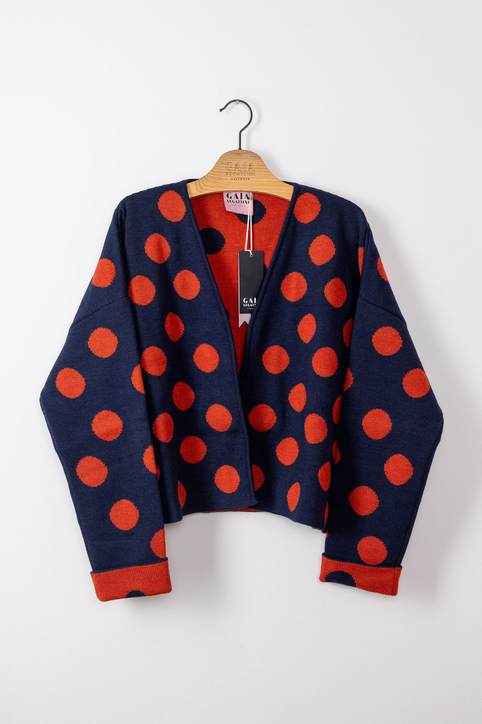 bubble cardi - denim with persimmon polkadots 