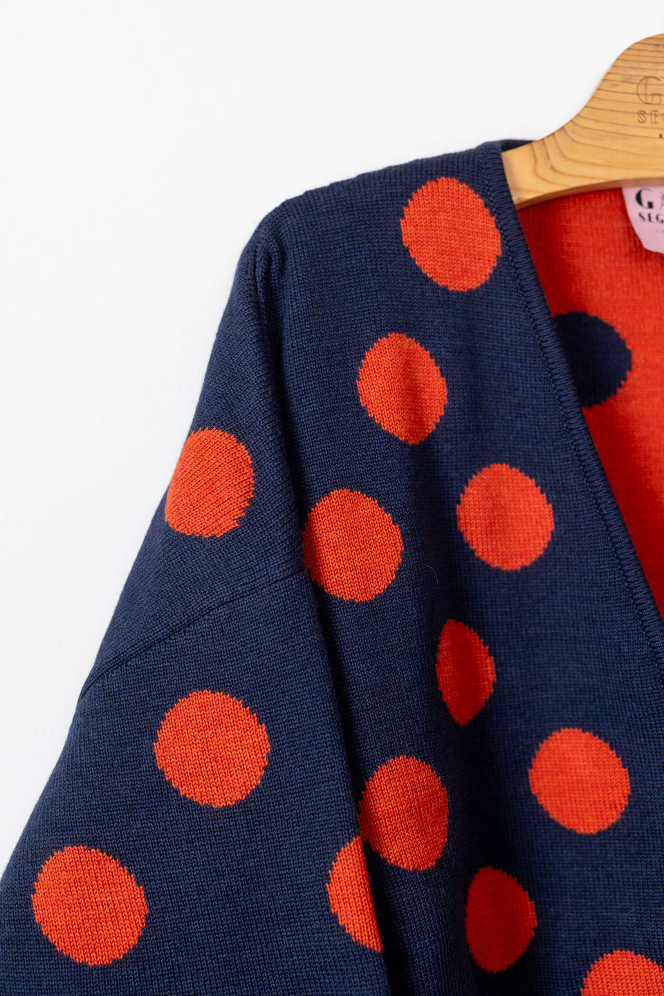 bubble cardi - denim with persimmon polkadots 