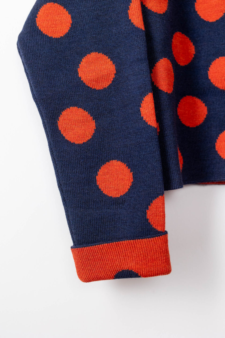 bubble cardi - denim with persimmon polkadots 