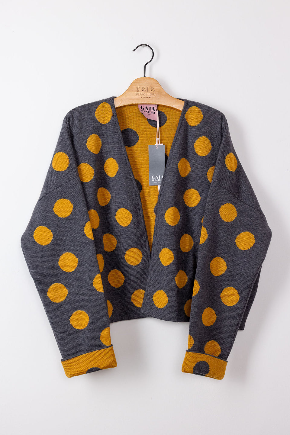 Bubble cardi - grey with mustard polkadots 