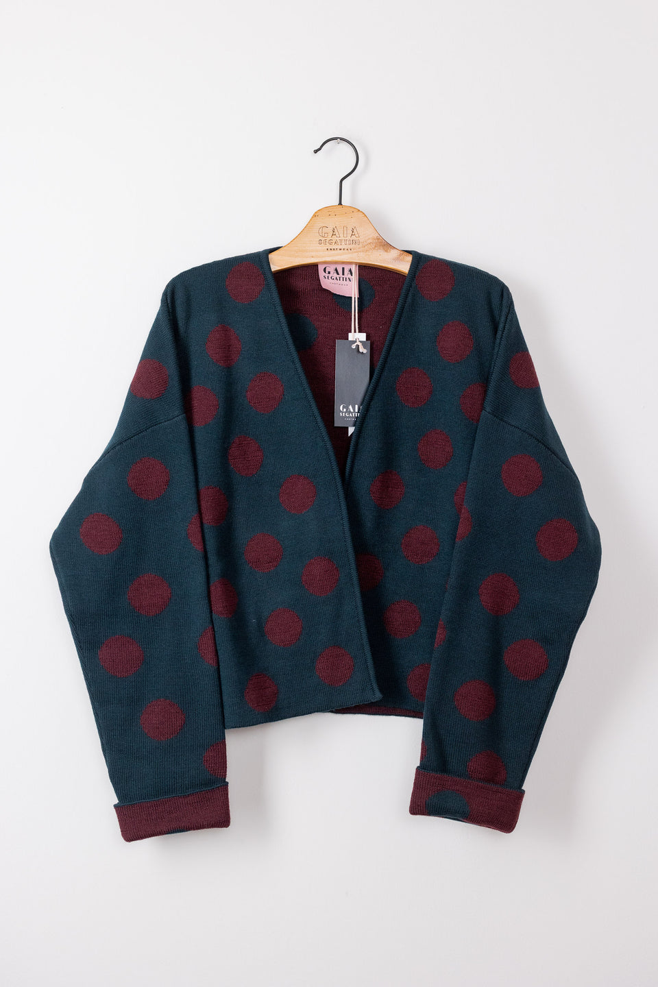 bubble cardi - bottle green with wine polka dots