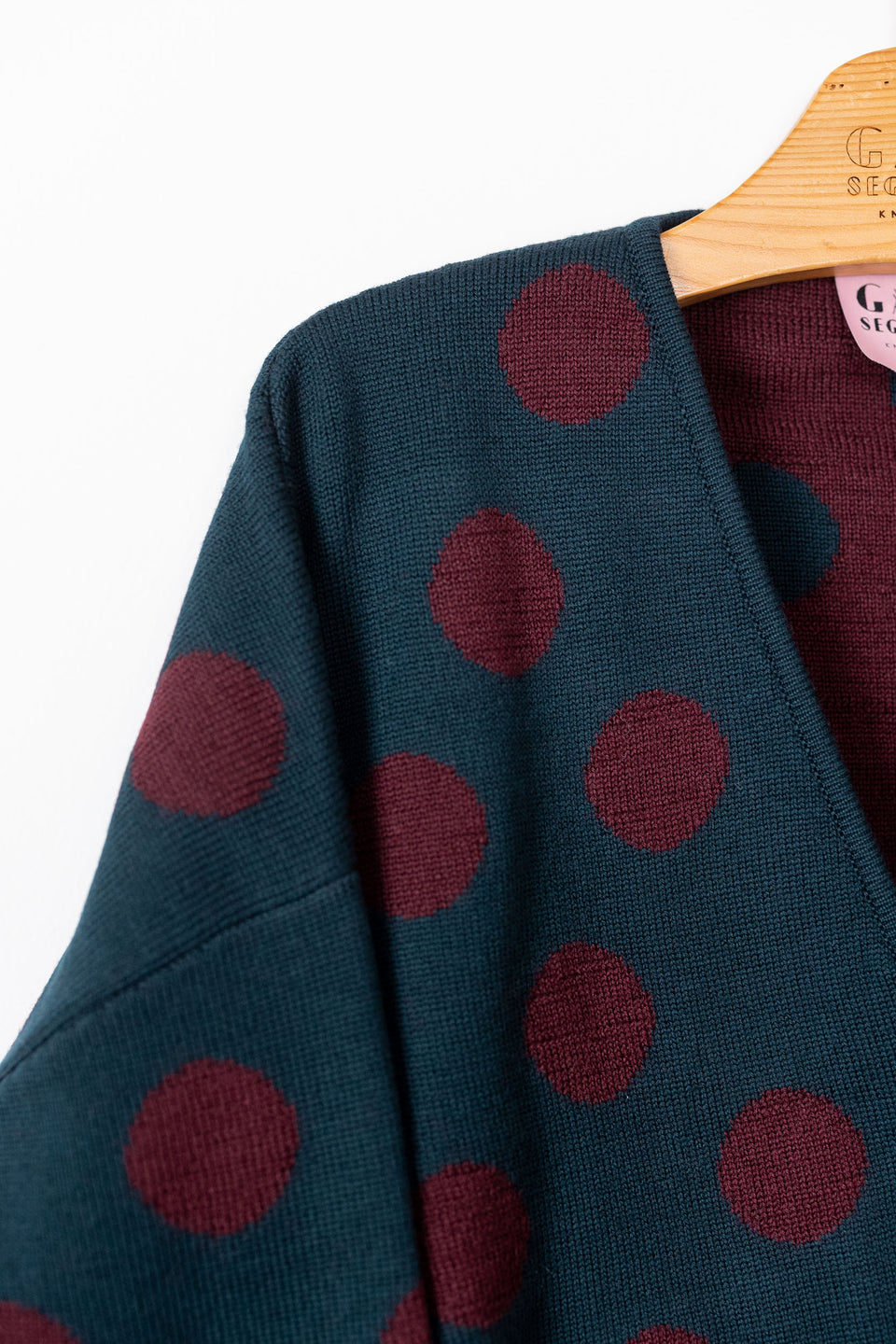 bubble cardi - bottle green with wine polka dots