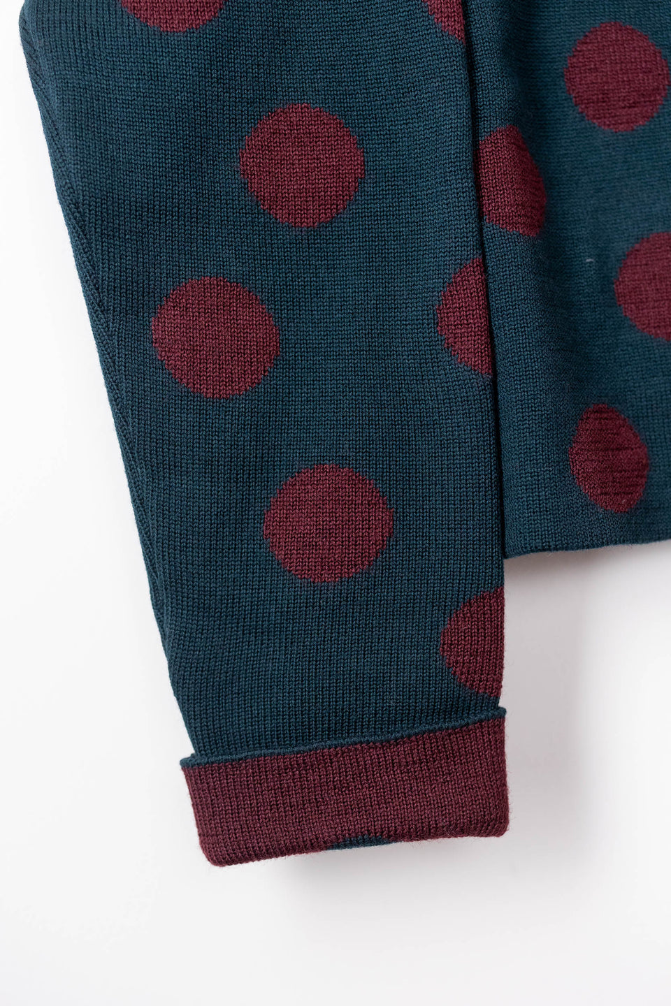 bubble cardi - bottle green with wine polka dots