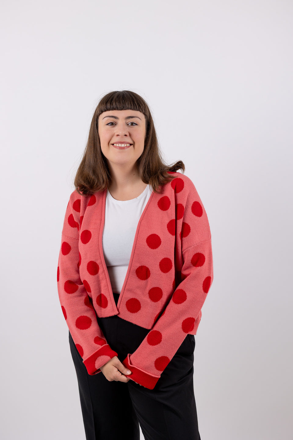 bubble cardi - bubblegum with cherry polka dots