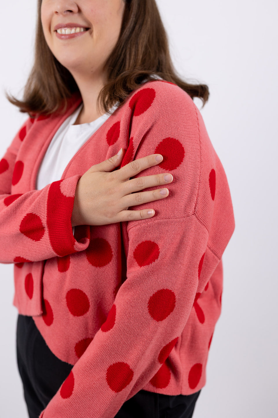 bubble cardi - bubblegum with cherry polka dots