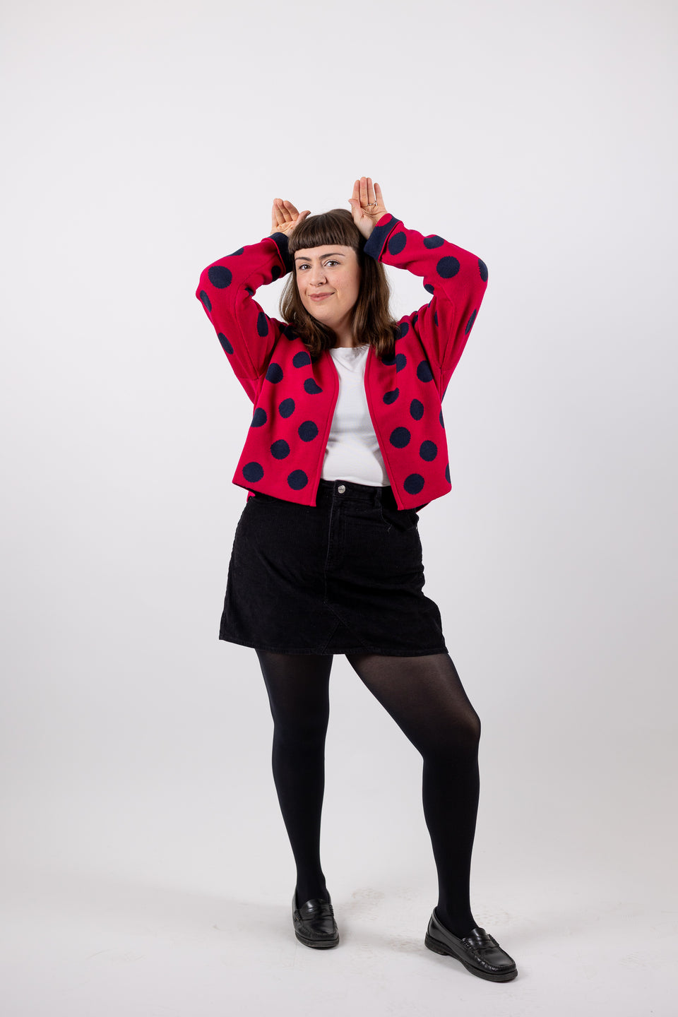 bubble cardi - fuxia with denim polka dots