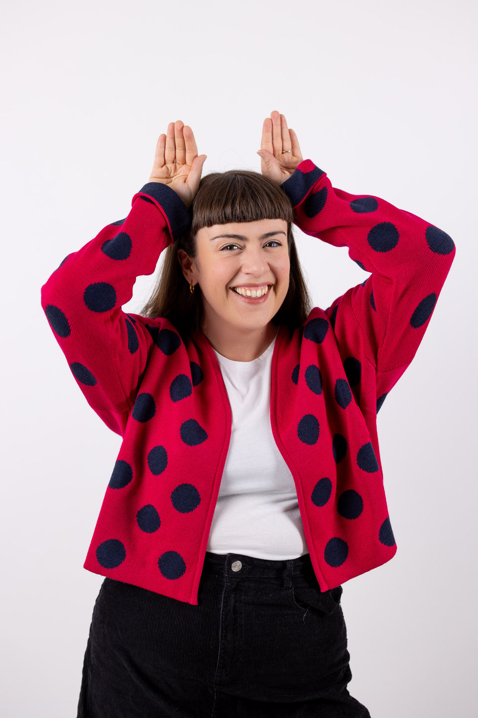 bubble cardi - fuxia with denim polka dots
