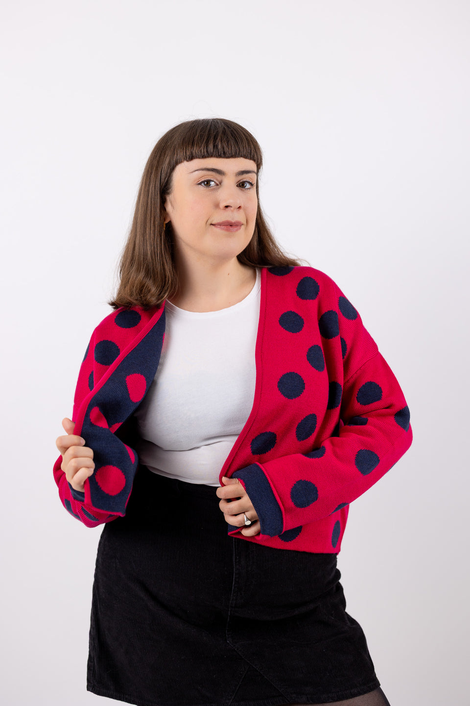 bubble cardi - fuxia with denim polka dots