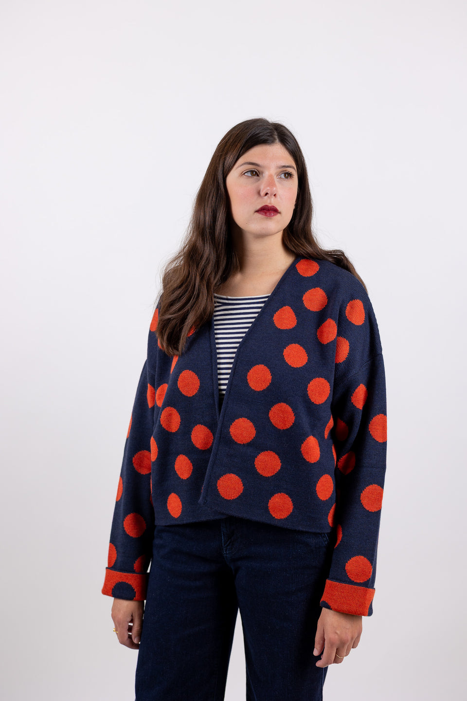 bubble cardi - denim with persimmon polkadots 
