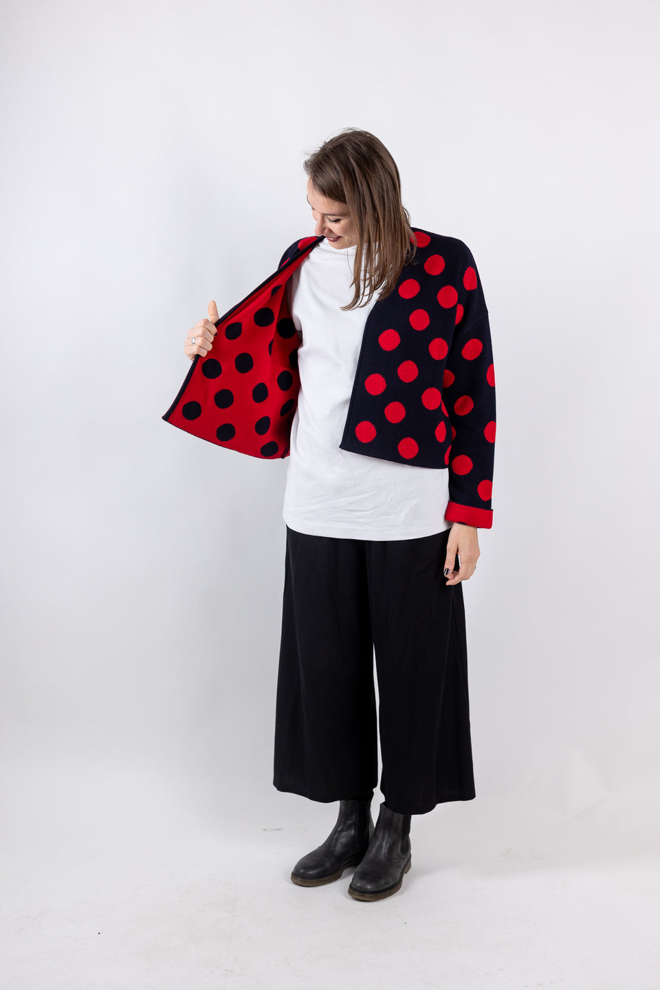 bubble cardi - navy with red polkadots 