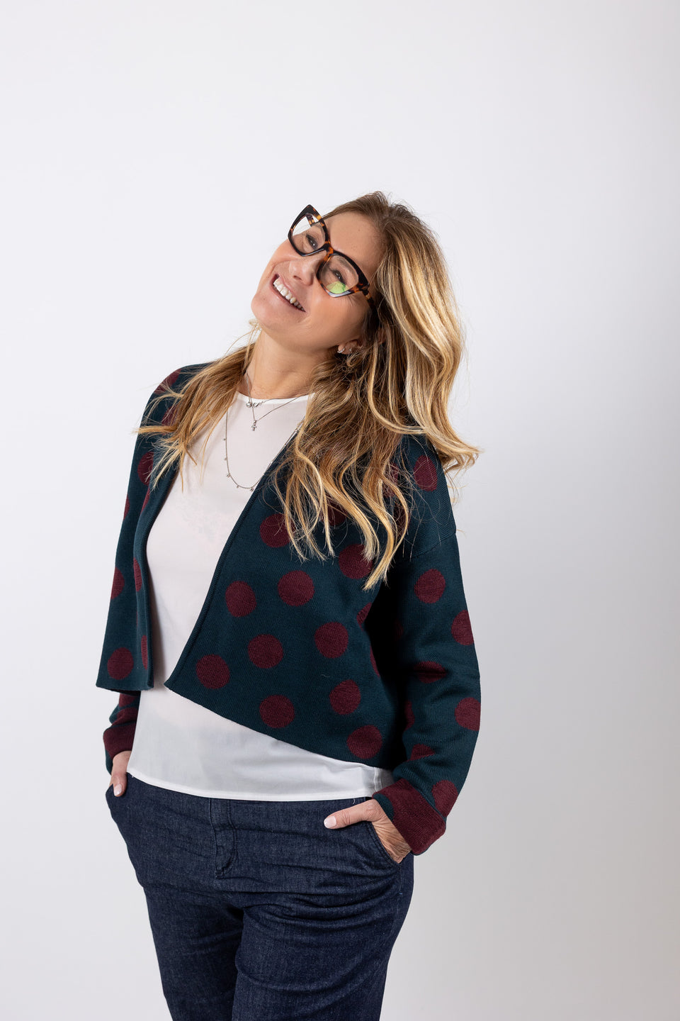bubble cardi - bottle green with wine polka dots
