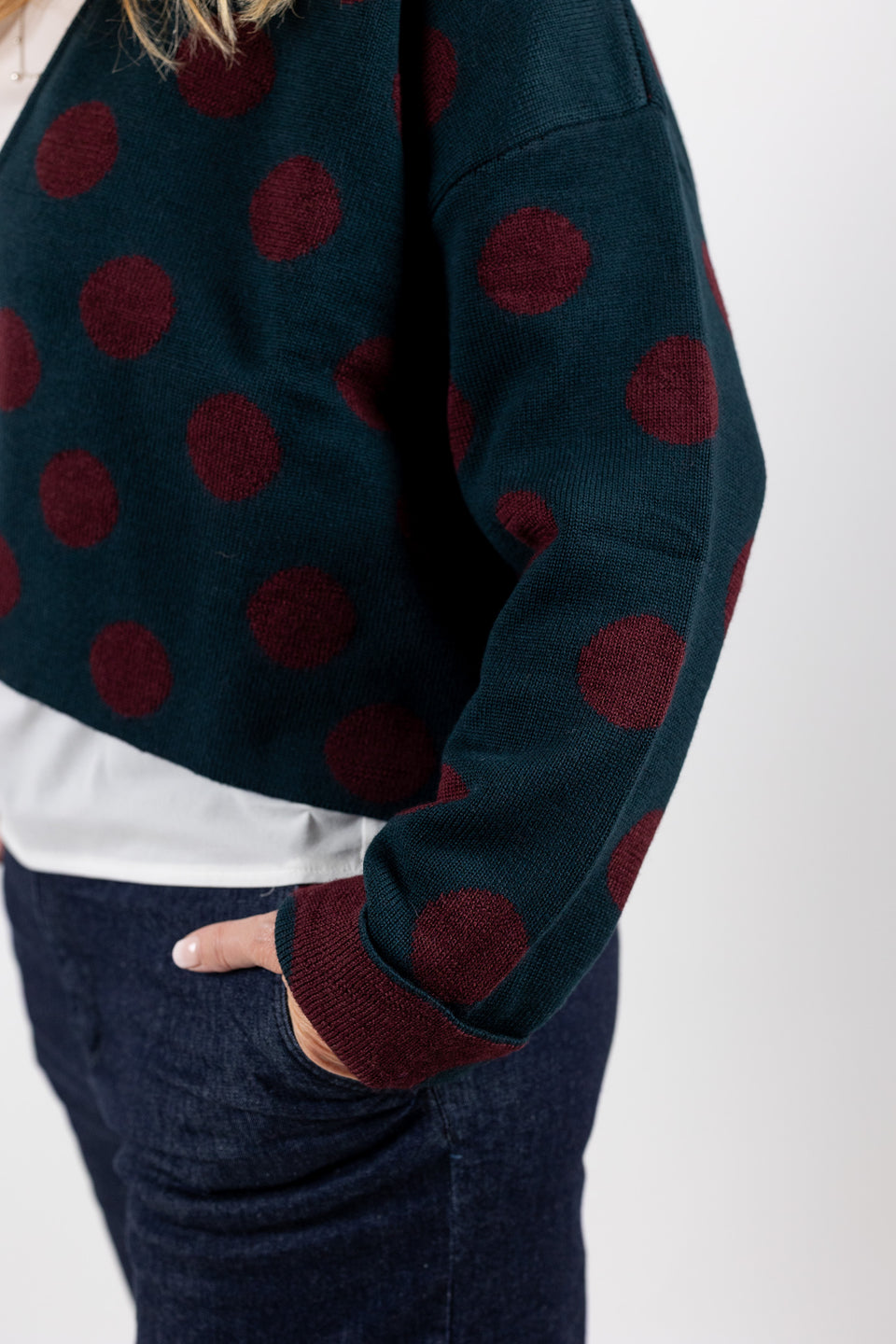 bubble cardi - bottle green with wine polka dots
