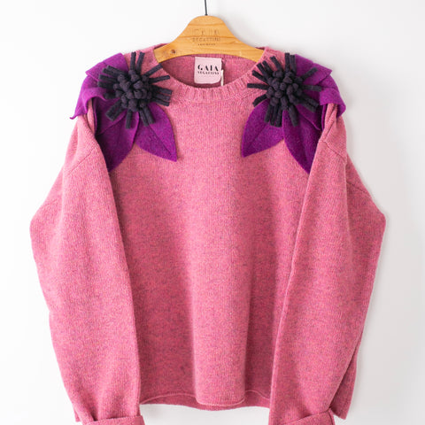 bloom sweater - "pink" with deep purple and b/w flowers 