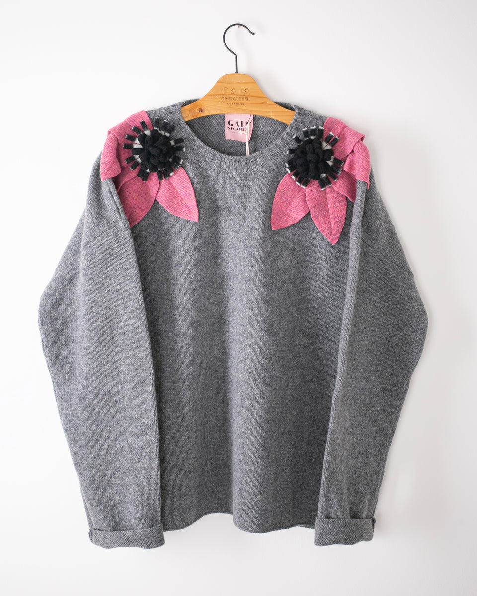 bloom sweater - mélange grey with raspberry and b/w flower 