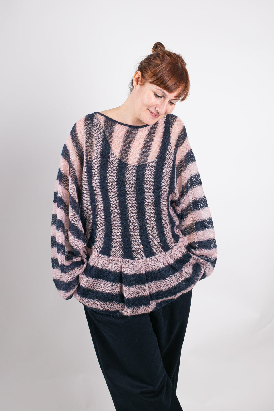 Punky - crew neck with ruffles - striped blue and pink